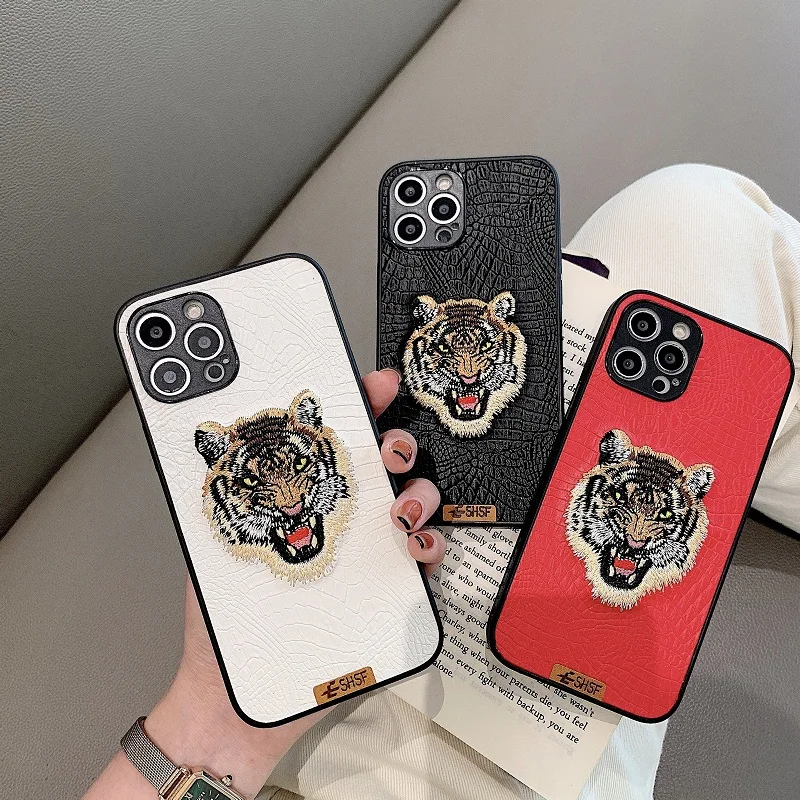

Luxury Fashion Animal Tiger Head Embroidery Phone Case For iPhone 14 13 12 11 Pro Xs Max 7 8 Puls Hard Leather Cover Coque Funda