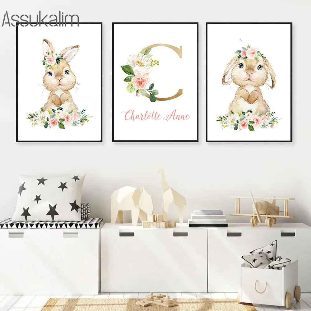 

Bunny Posters Custom Name Canvas Prints Lop-eared Rabbit Art Painting Nursery Wall Poster Nordic Wall Pictures Kids Room Decor