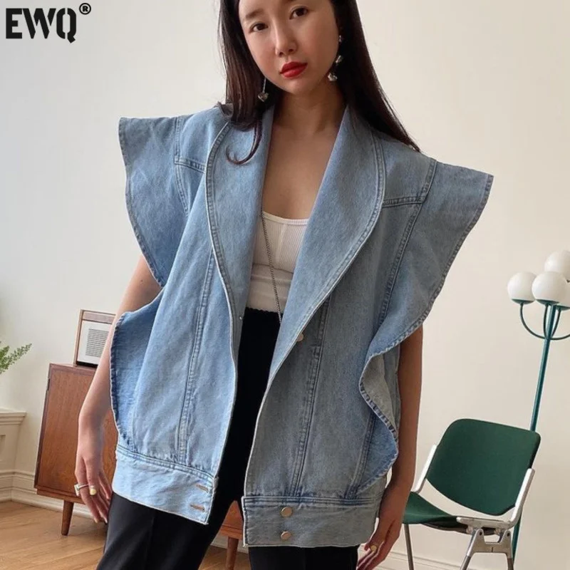 

[EWQ] Korea Chic Summer Casual Lapel Ruffled Loose Blue Sleeveless Vest Jacket Women Summer Blue Trendy Ladies Clothing 2023 16E