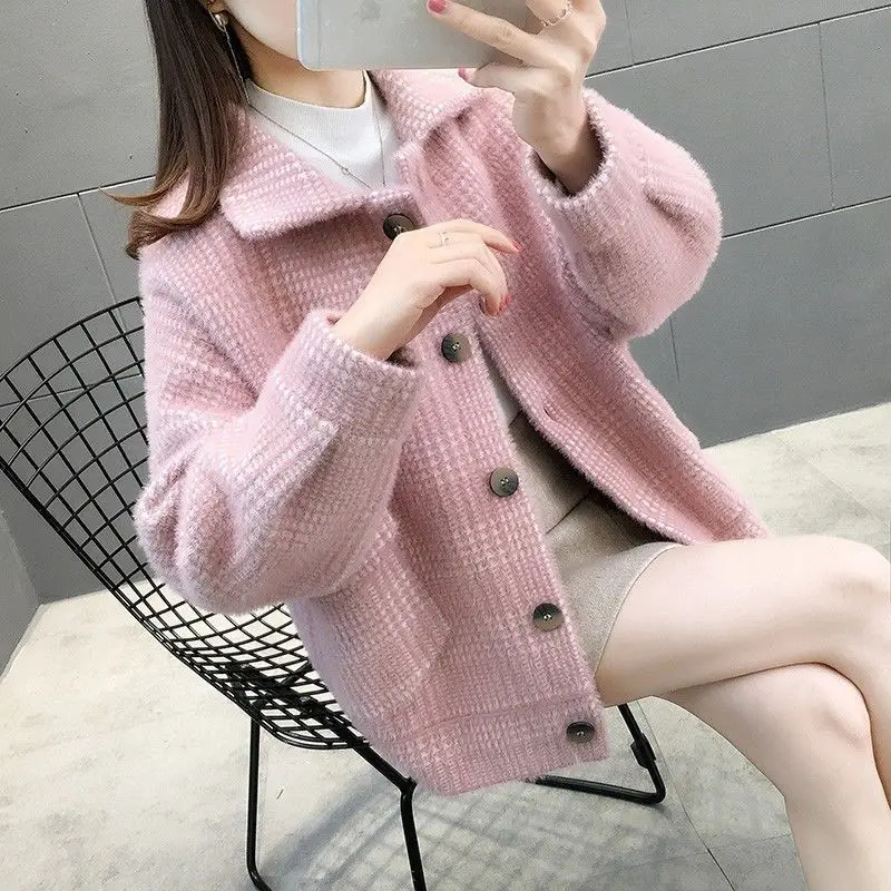 

2022 Women Winter New Imitation Mink Velvet Coats Female Plaid Knit Cardigan Jackets Ladies Long Sleeve Sweater Outwear E323