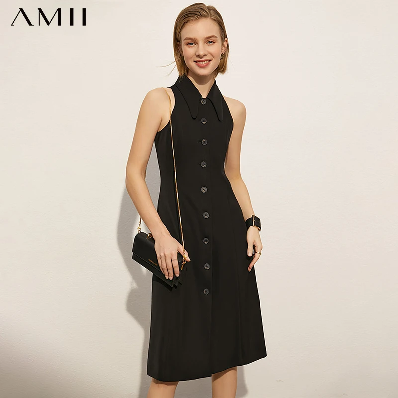

Amii Minimalism Summer New Women's Black Dress Fashion Women's Party Dress Causal Solid Slim Fit Women's Summer Dress 12180018