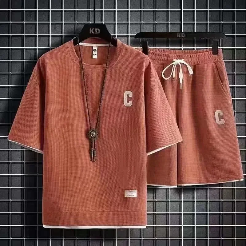 Повседневный мужской спортивный костюм из полиэстера с короткими рукавами и