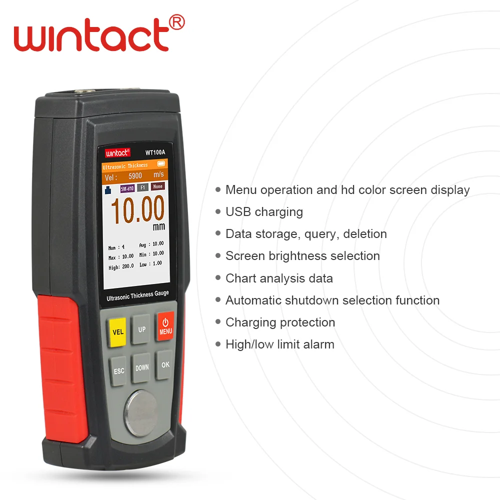 WINTACT WT100A цифровой ультразвуковой толщиномер тестер USB зарядка металла высокая