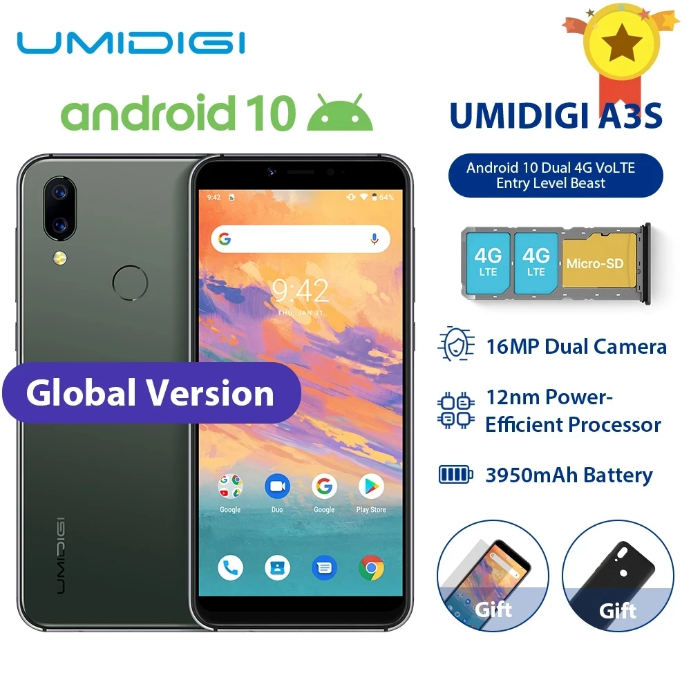 

UMIDIGI A3S смартфон, 2 Гб ОЗУ 16 Гб ПЗУ, Android 10, глобальная полоса, 3950 мАч, 16 Мп + 5 МП, MT6761, 5,7 дюйма, 13 МП, Селфи, 4G
