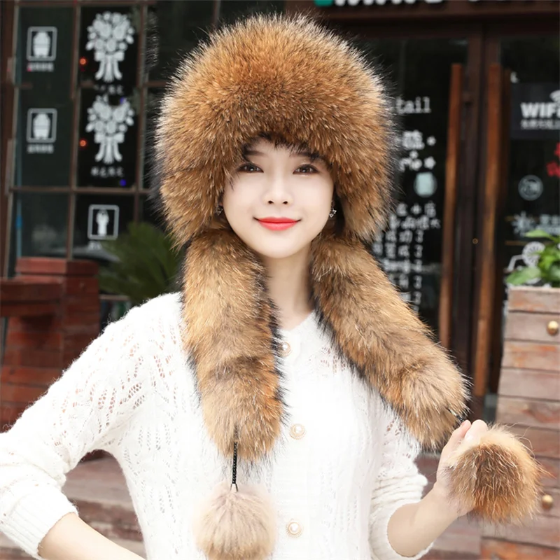 Winter Fox Fur Bomber Hat Luxury Natural Warm Leather Straw Hat Fashion Fluffy Girl Quality Soft 100% Real Raccoon Fur Hat