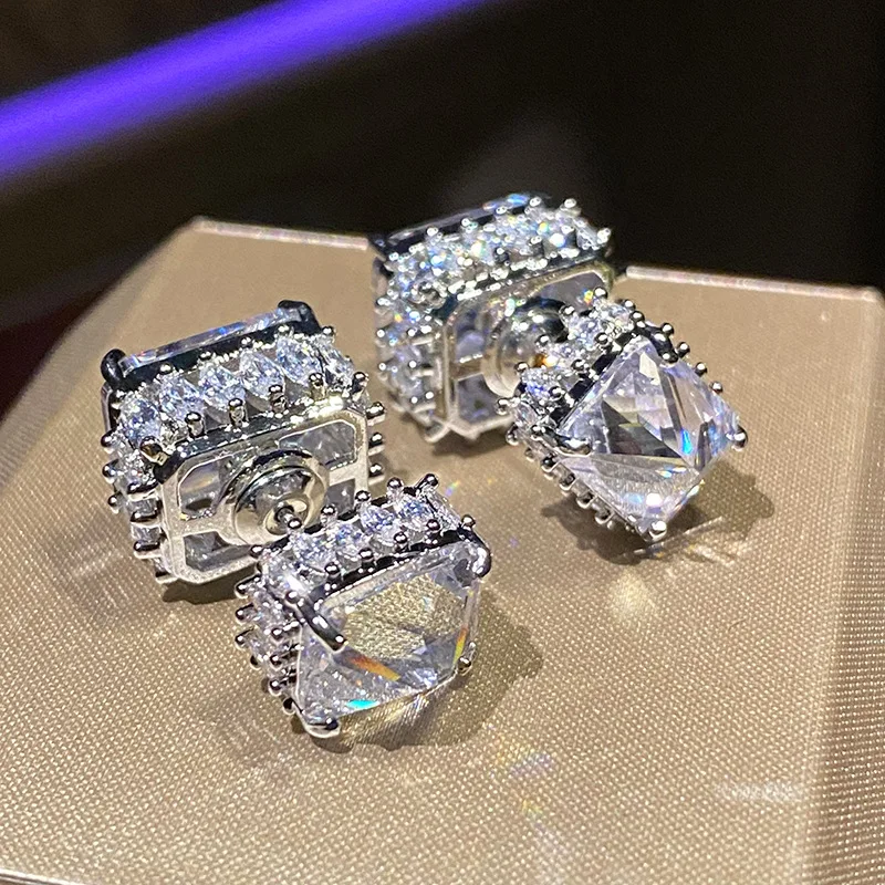 

Stereo Full Diamond Square Vintage Earrings Chic Shiny Geometric Advanced Front and Rear Zircon Earring Studs