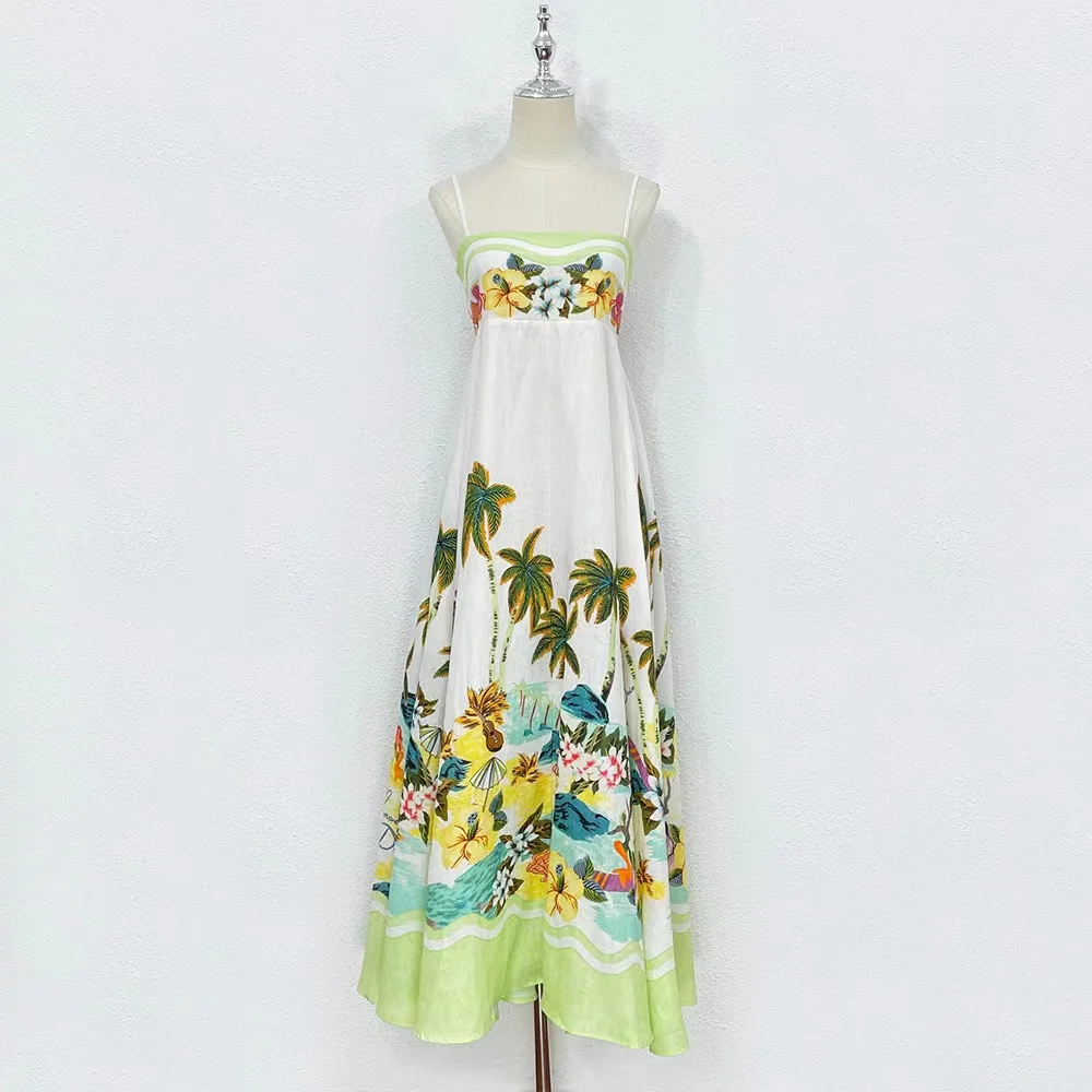

Women Sleeveless Summer Long Linen Dress Runway Fashion Dress Floral Print Niche Design 2023 New In