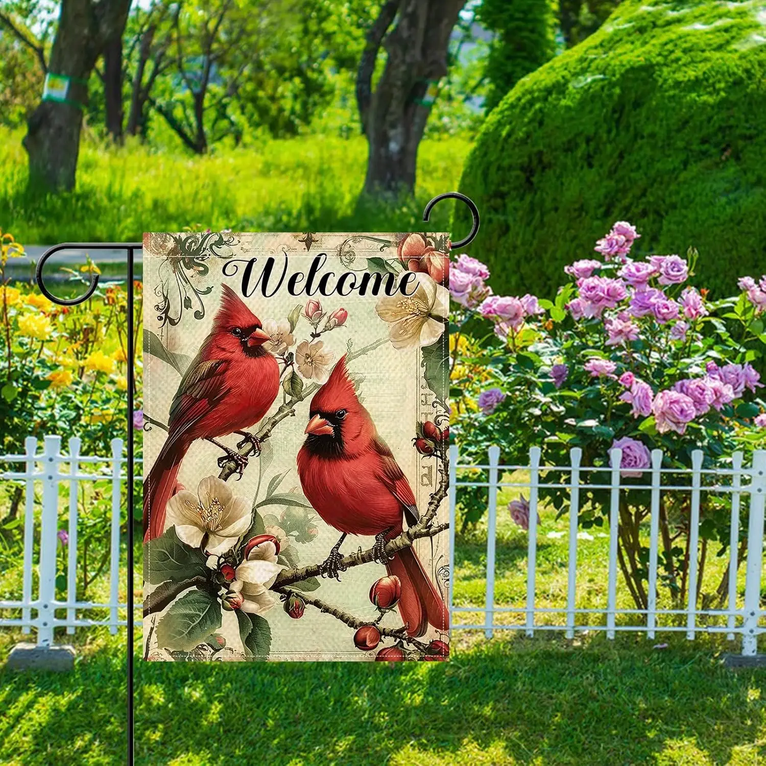 Фото Декоративный садовый флаг Artofy Welcome Cardinal, винтажный, с красными птицами и цветами магнолии, для двора и газона, ретро-декор для улицы, Spring SSL №2