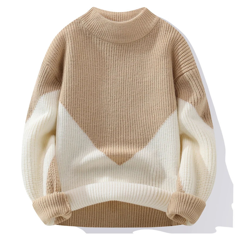 Мужская одежда фонарь длинный рукав резьба контрастный цвет свитер с круглым