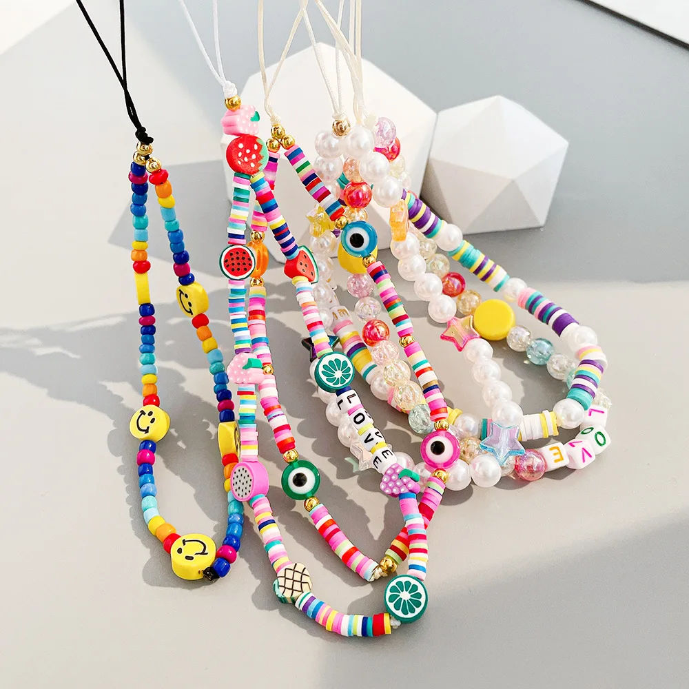 Cadena para teléfono móvil con cuentas acrílicas de colores, a la moda, para mujeres y niñas, Correa antipérdida, cordón colgante, joyería