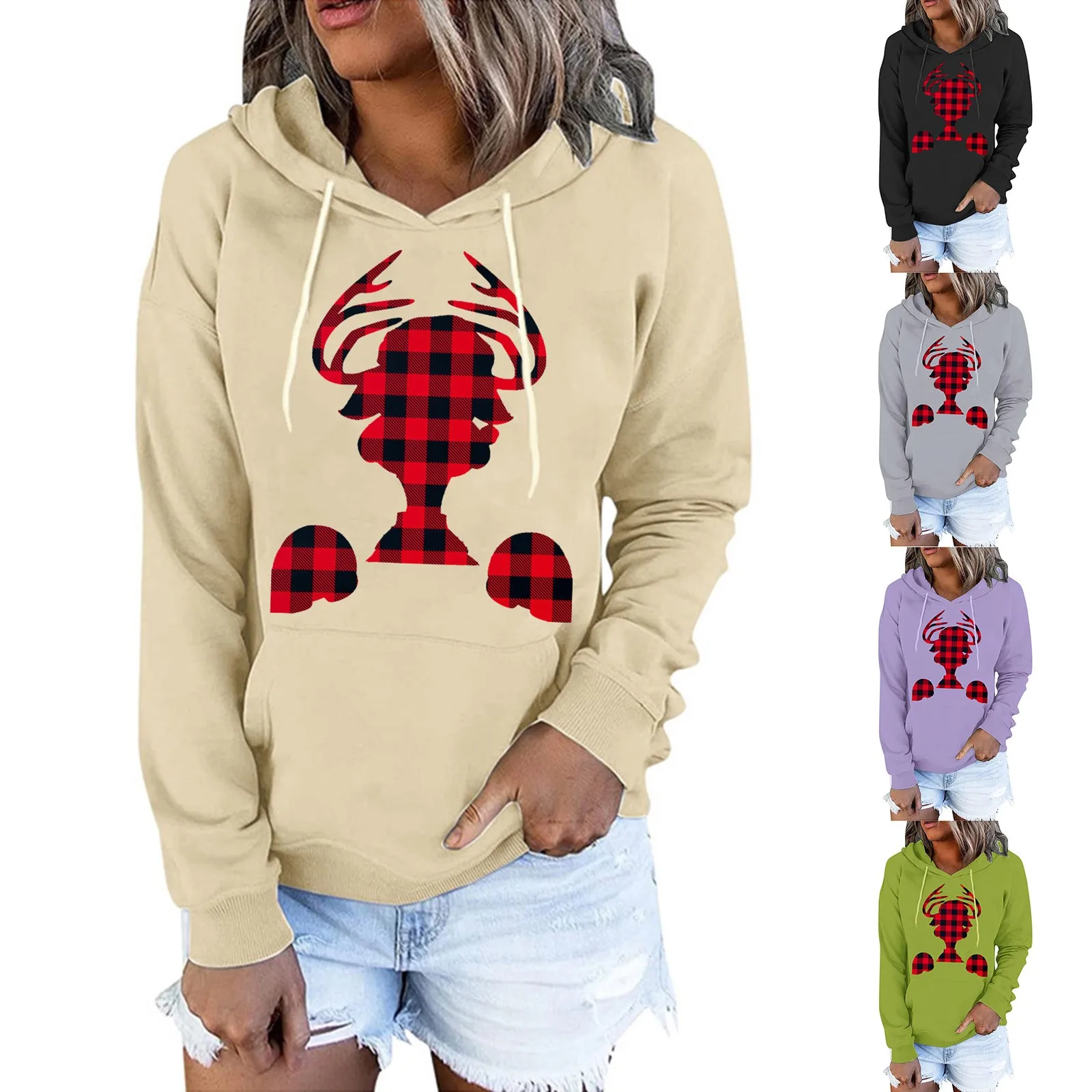 

Женская Повседневная Толстовка с рождественским оленем, милый свитшот в клетку, Женский свитшот яркого цвета, женские свитшоты с капюшоном