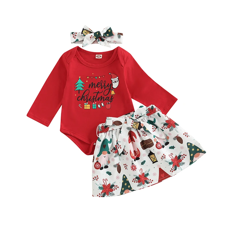 

Рождественский комбинезон для маленьких девочек 0-24 мес., комплект с длинным рукавом, круглым вырезом и принтом букв, боди + юбка с поясом + повязка на голову с бантом