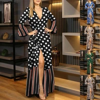 new elegant long dress for women with dots printted deep v neck long dress party wear ankle length autumn clothing for women