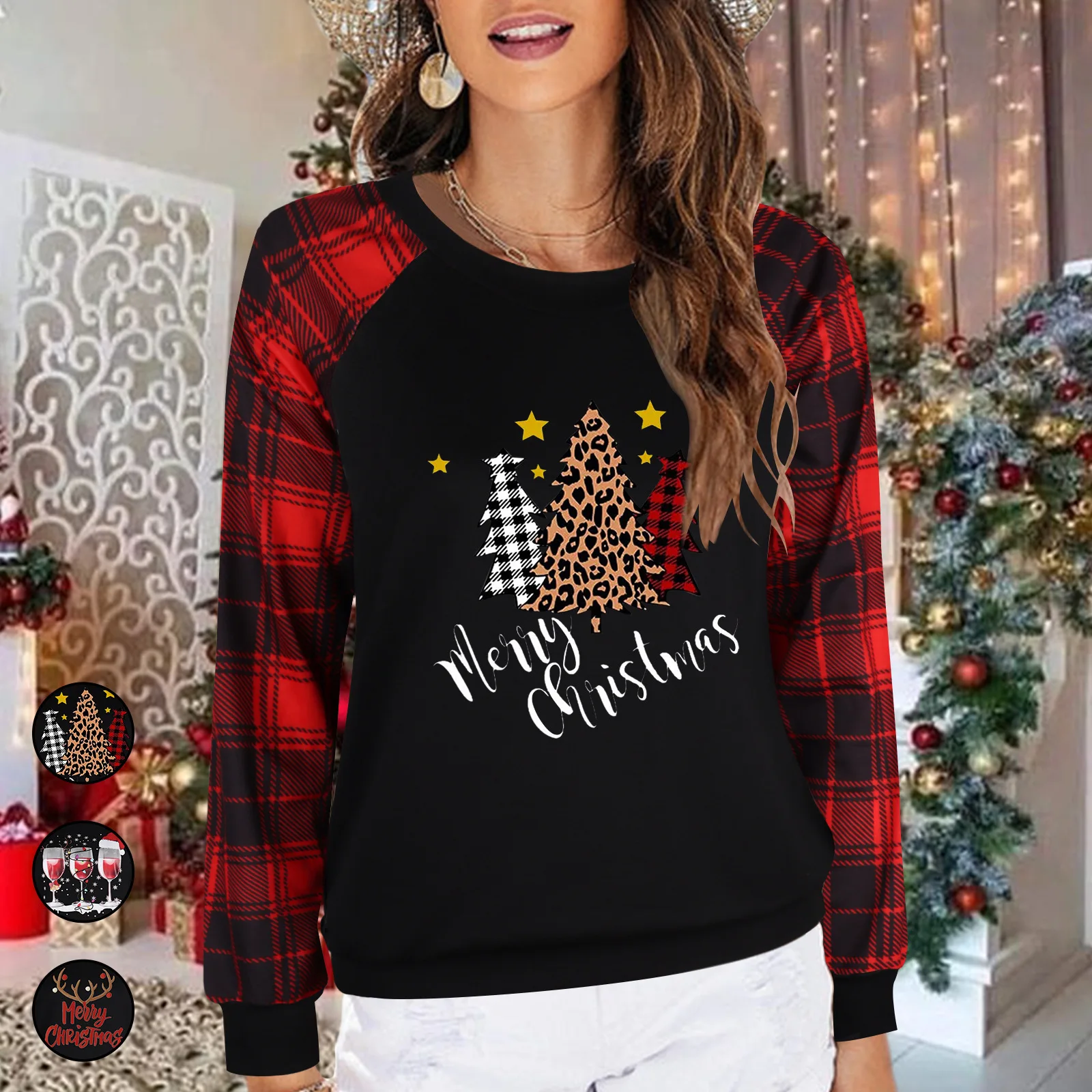 

Autumn Winter New Women's Christmas Printed Loose Round Neck Long Sleeve Top T-shirt Casual Leopard Stitching Pullover Tee Shirt