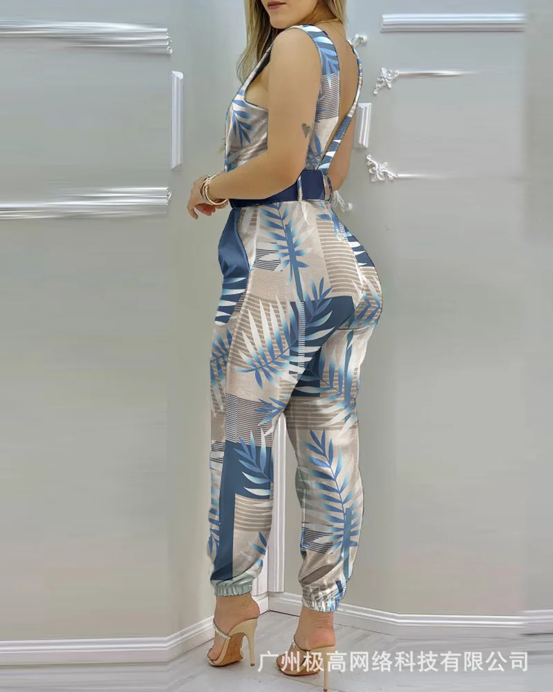 Print Casual Jumpsuit Woman Jumpsuits Elegant 2023 Summer Sexy V-Neck Sleeveless New Fashion with Belt Vest Playsuit Streetwear
