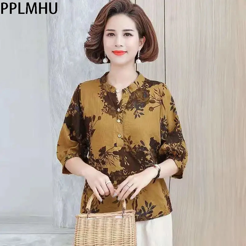 

2022 Summer Fashion Print Women Cotton Linen Blouses Lady Casual Loose Tops Retro Lightweight Mom Short Sleeve T-Shirts