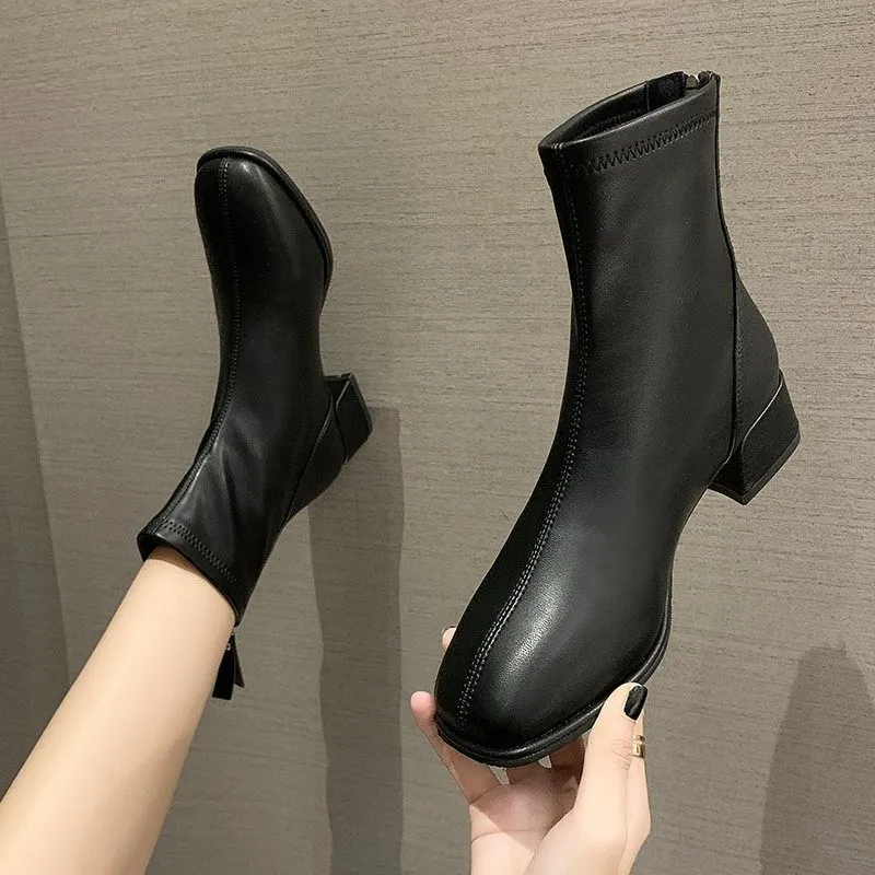 

Women Boots Spring Ladies Single Boots Square Heel Ankle Boots Womens Motorcycle Boots Plus Size 34-43 Zapatos De Mujer Botas