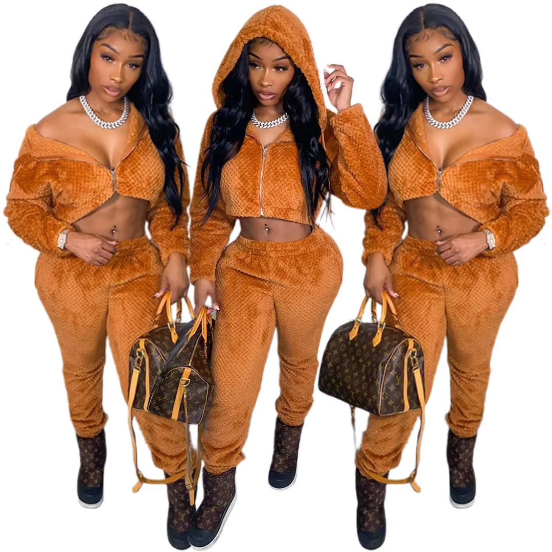 

Women Winter Hoodie Tracksuit 2 Pieces Fur Sets Long Sleeve Zipper Up Crop Top and Elasitc Waist Pants Orange Casual Outfits