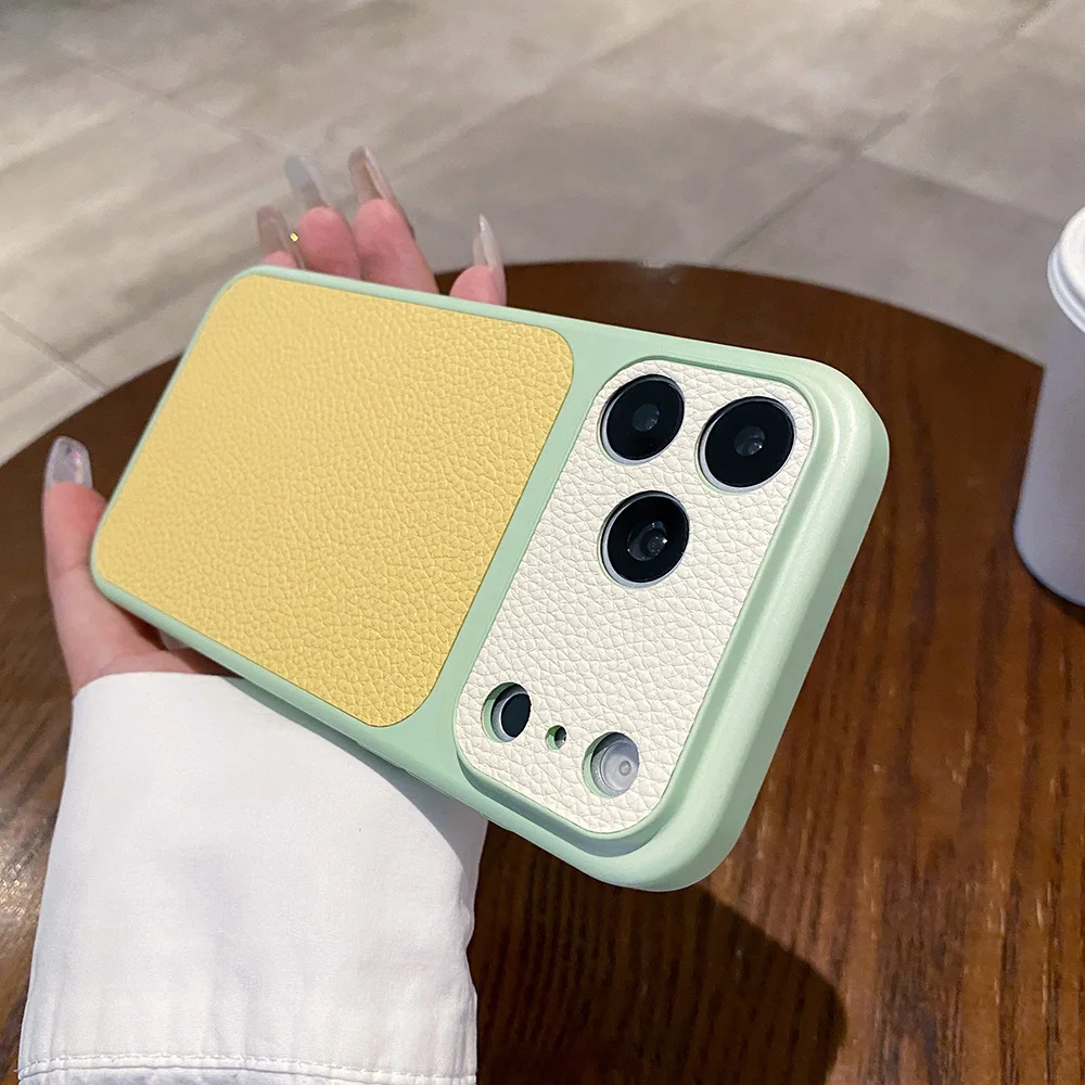 Фото Новый креативный цветной чехол из искусственной кожи PU Lichi для iPhone 17 Pro, Funda для iPhone 11, 12, 13, 14, 15, 16 Pro Max, с большим окном, полностью закрывающий корпус №1