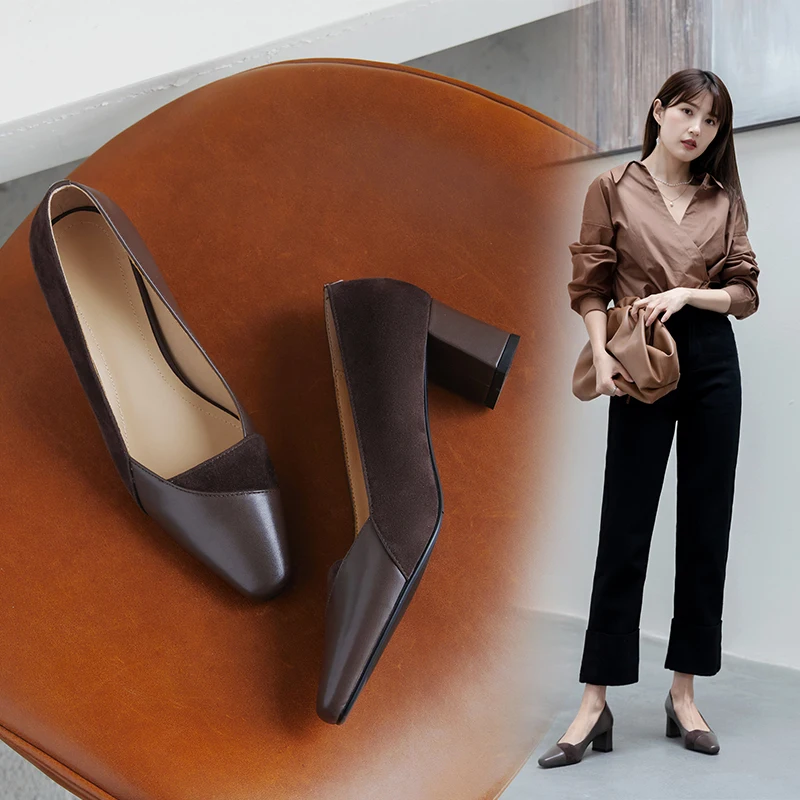 

Женские туфли из натуральной кожи, с квадратным носком, на высоком каблуке