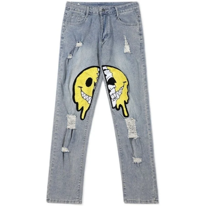 Irregular Ripped Hole Jeans Denim Pant Woman Man Straight Patchwork Baggy Boyfriend Y2k Punk Kpop Harajuku Streetwear Hip Hop