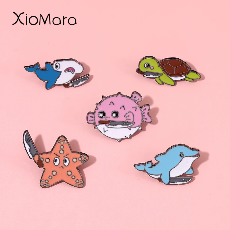 

Ocean Biology Enamel Pins Turtle Shark Starfish Dolphin Puffer Fish Dagger Brooches Lapel Badges Animal Jewelry Gift For Kids