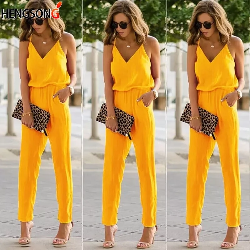 

New2022 Yellow Women Summer Spaghetti Strap Jumpsuits 2021 New Beach Casual Sleeveless V Neck Rompers Female Streetwear Jumpsuit