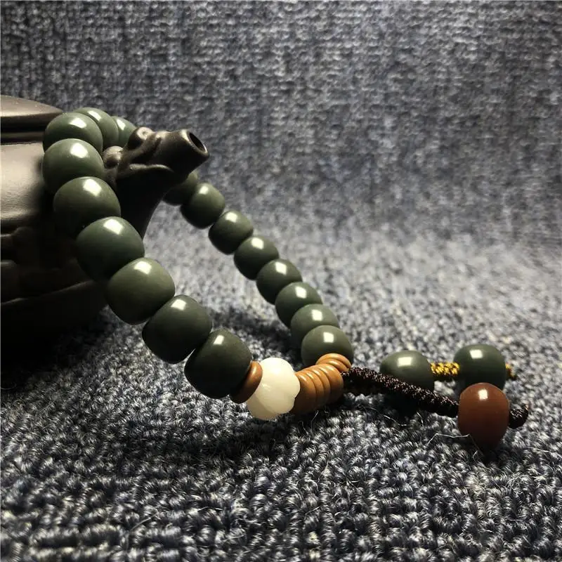 White Jade Bodhi Root Buddha Beads Bracelet Handheld Old Barrel Beads Gray Jade Yin Leather Green Bodhi Bracelet Beads