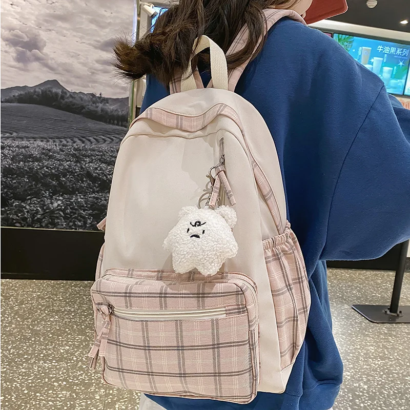 

Kawaii Girl School Bags Lattice Backpack for College Middle Teenagers Book Bags Cool Female Plaid Laptop Travel Bag