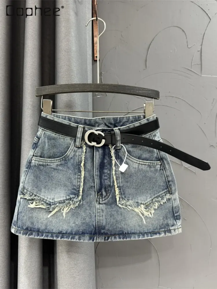

Casual Washed Worn Frayed Mini Denim Skirt 2023 New Women's Spring High Waist Slimming A- Line Jean Hip Skirts Short Culottes