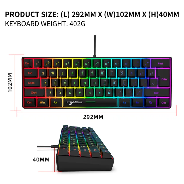 HXSJ Gaming Keyboard 61 Keys RGB Backlit 60% 60 Business Keyboard US Wired Wireless Bluetooth Mini Compact PC Gamer MAC PS4 4