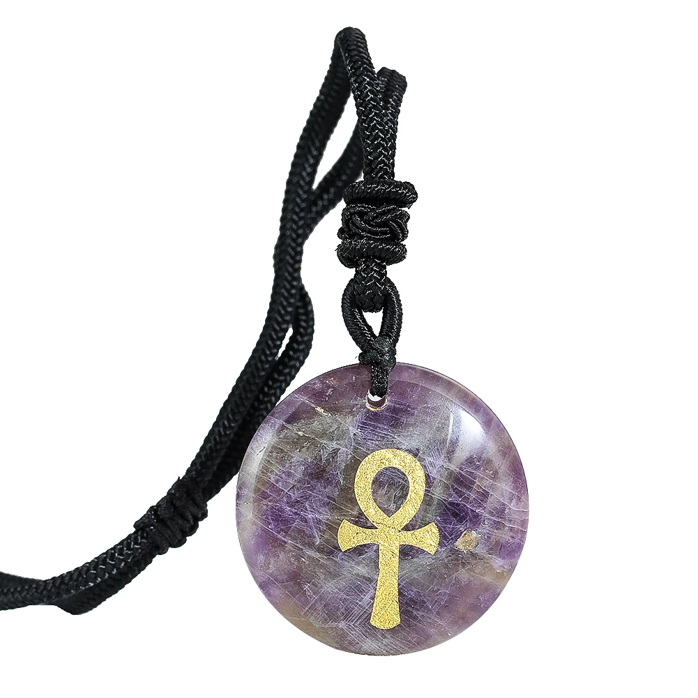 

Natural Amethyst Anka Cross Life Symbol Pendant Necklace Quartz Crystal Energy Healing Choker Meditation Jewelry for Men Women