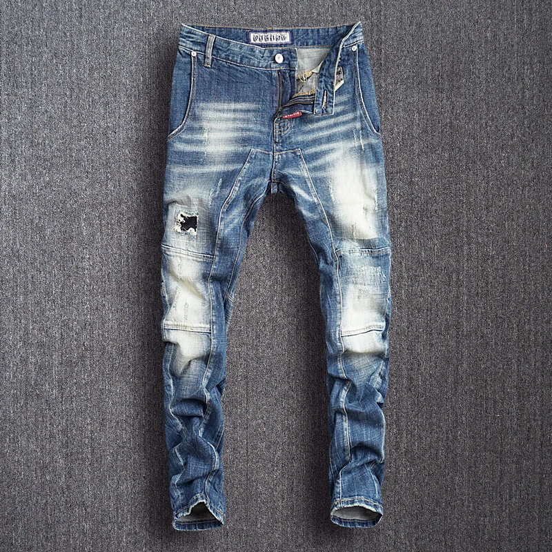 Street Fashion Vintage Men Jeans Retro Blue Stretch Slim Fit Spliced Designer Patch Ripped Jeans Men Hip Hop Biker Pants Hombre