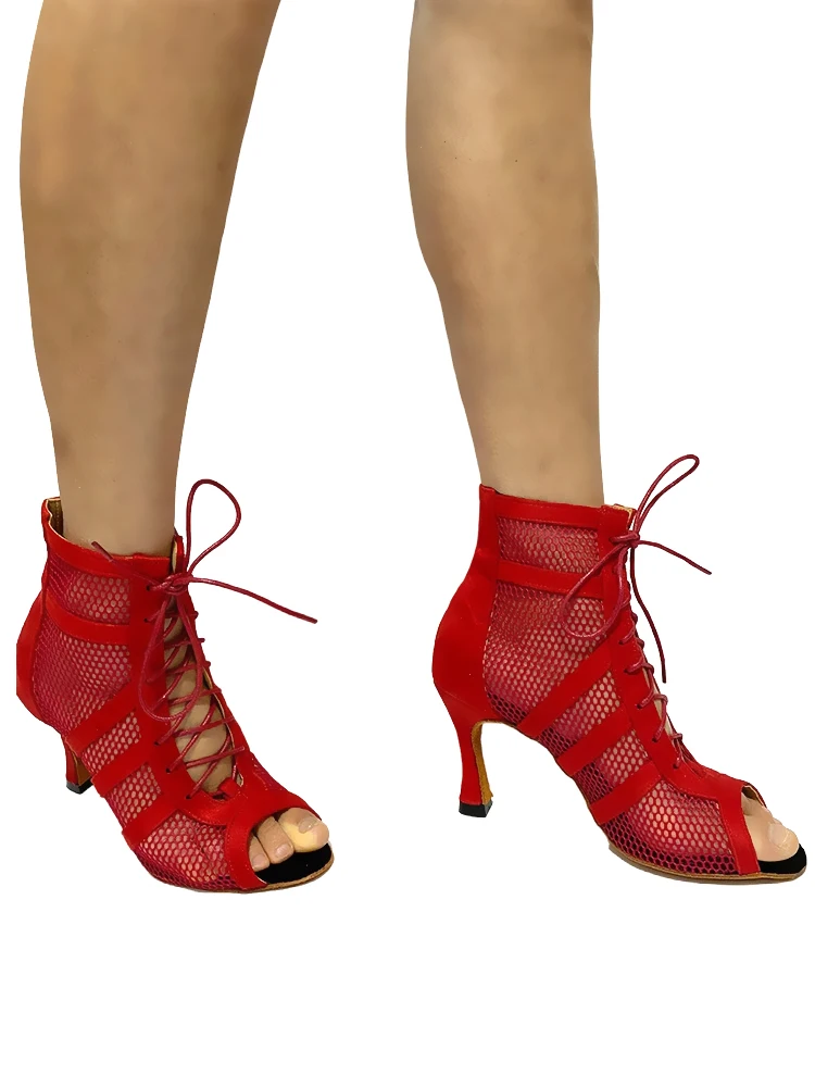 Red Salsa Dance Booties Women Latin Dance Shoes Suede Soles   Latin Ballroom Outdoor Indoor Dance Shoes For Dancing High Heels