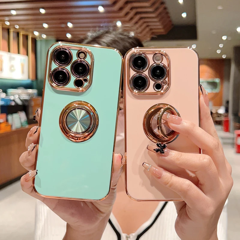 Plating Magnetic Purple Case For iPhone 14 13 12 11 Pro Max XS XR X S 7 8 Plus SE 2020 14Pro Luxury Soft Covers With Ring Holder