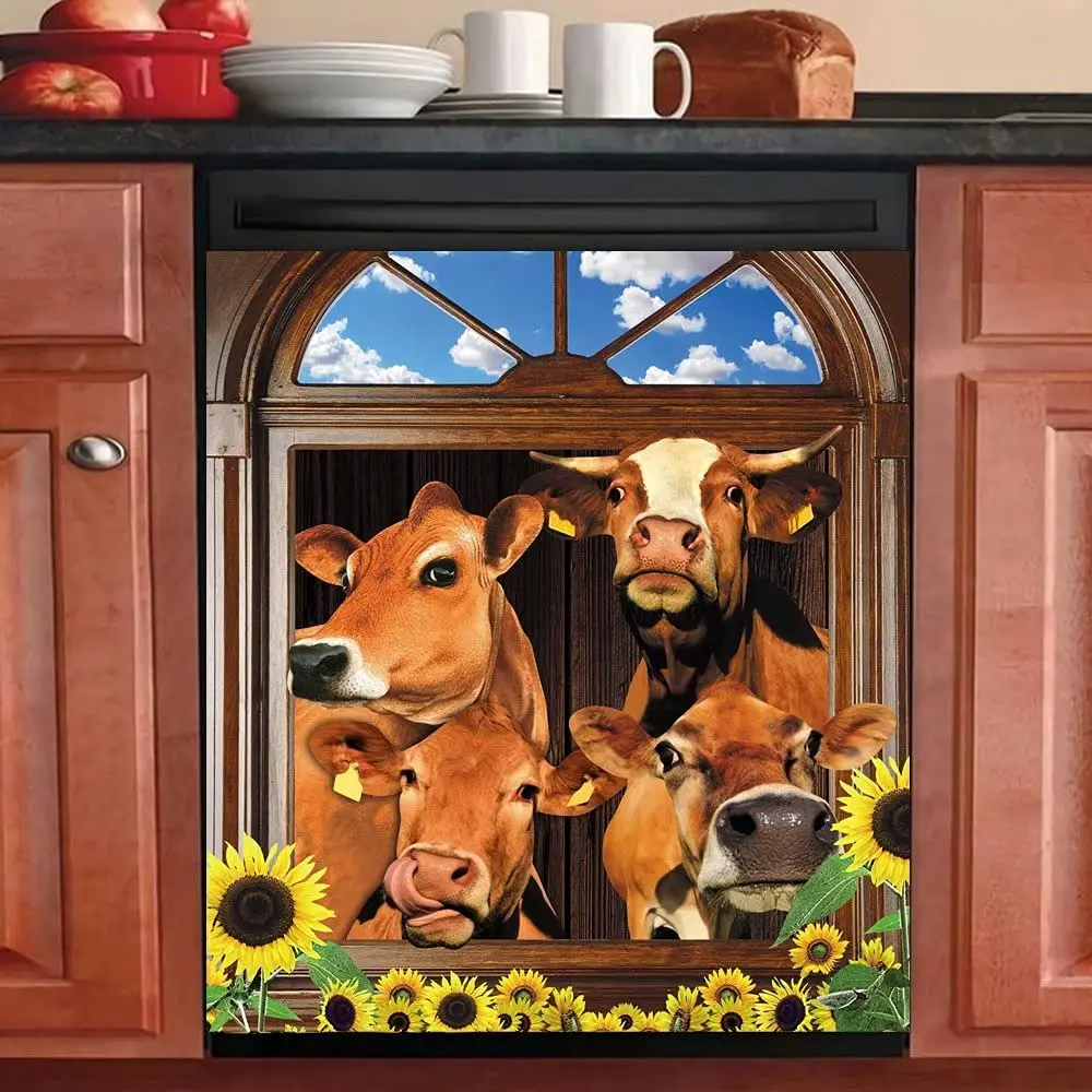 

Heifer Dishwasher Cover Kitchen Decor,Farm Cow Fridge Door Panels Stickers,Farmhouse Cattle Refrigerator Decals,Home Appliances