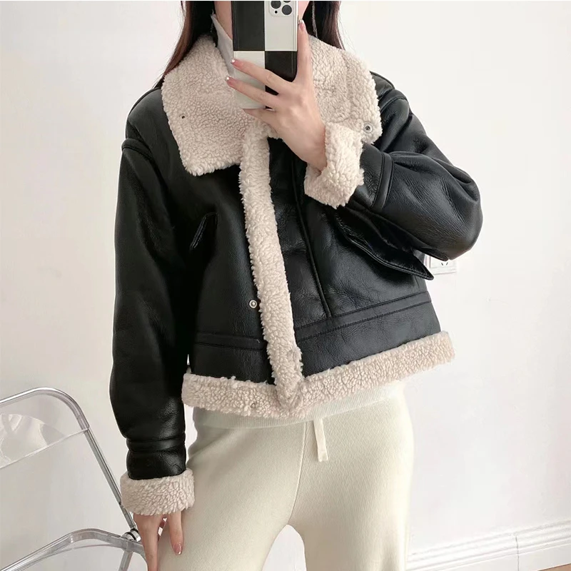 

Klkxmyt Traf Women Short Faux Fur Jacket Winter Warm Casual Streetwear Retro Comfortable Fashion Loose Female Thick Outwear