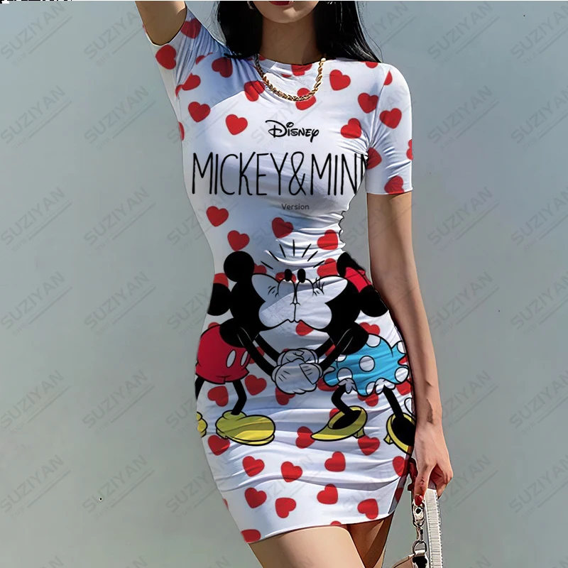 

Summer New Hot Selling Disney Floral Print Women's Short Sleeve Round Neck Sexy Dress Elegant and Slim Fit Wrapped Hip Dress