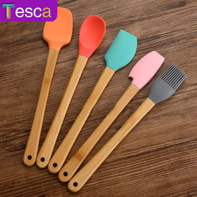 

Mini Silicone Spatula Five-piece Cake Spatula Silicone Brush Pink And Light Color Bamboo Handle Bake Tools Cooking Tool Sets