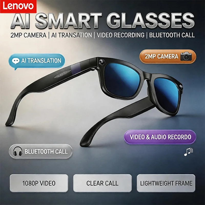 Фото Умные очки Lenovo с ИИ и Bluetooth, с камерой 2 МП, функцией перевода с помощью ИИ, записью видео и аудио, звонками по Bluetooth, модные солнцезащитные очки. №1