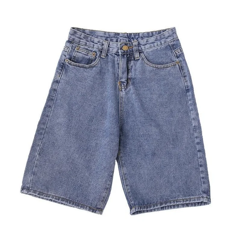 

Шорты женские джинсовые с завышенной талией, повседневные однотонные синие бермуды с широкими штанинами, уличная одежда, лето