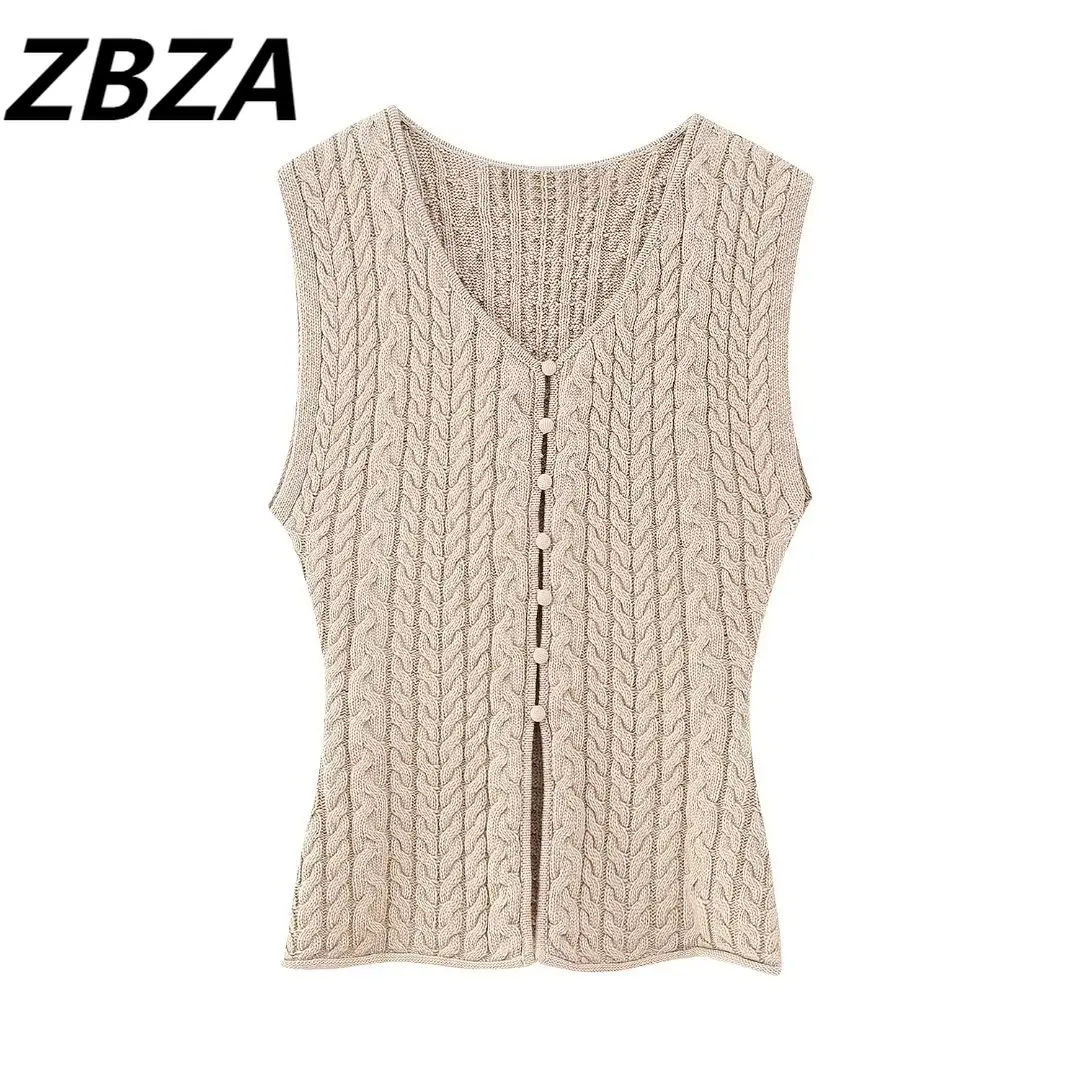 

ZBZA Women 2023 New Fashion Chic Vintage summer v-neck Button decoration Eight-strand weave knitting Tops Female