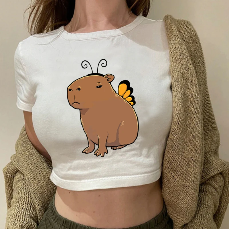 

Capybara Butterfly Cartoon Print Crop Tops Capybara Christmas Elf Costume Graphic Baby Tee Fashion Casual Women's Short Tshirt
