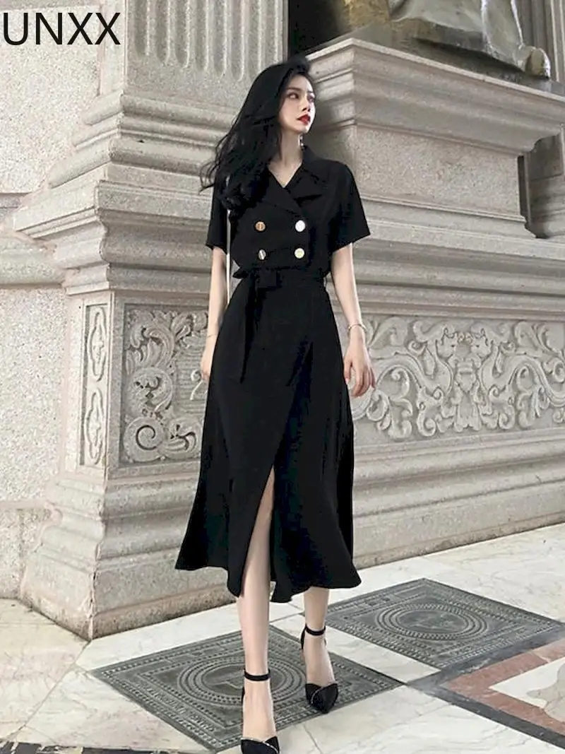 

Женское однотонное платье UNXX с коротким рукавом, элегантное приталенное платье средней длины с воротником, весна-лето 2022