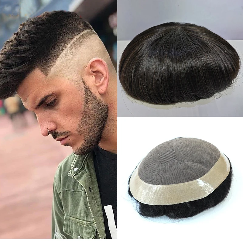 Toupee Men Hair Replacement System Unit Mono Base& Pu Human Hair Toupee Natural Hairline Male Wig Hair Prosthesis