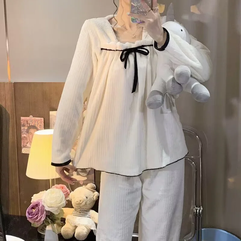 Sexy Bow Pajamas Set Full-Sleeve Long Pants 2Piece/Set Sweet Princess Pink Pyjama Big Size Homewear Cozy Winter Plush Sleepwear