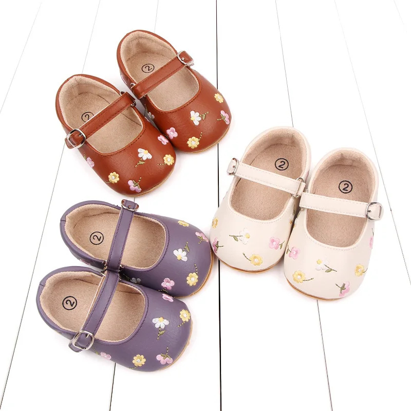 

Baby Girls Mary Jane Flats PU Leather Infant Dress Shoes Floral Embroidery Princess Shoes For Newborns First Walker Footwear