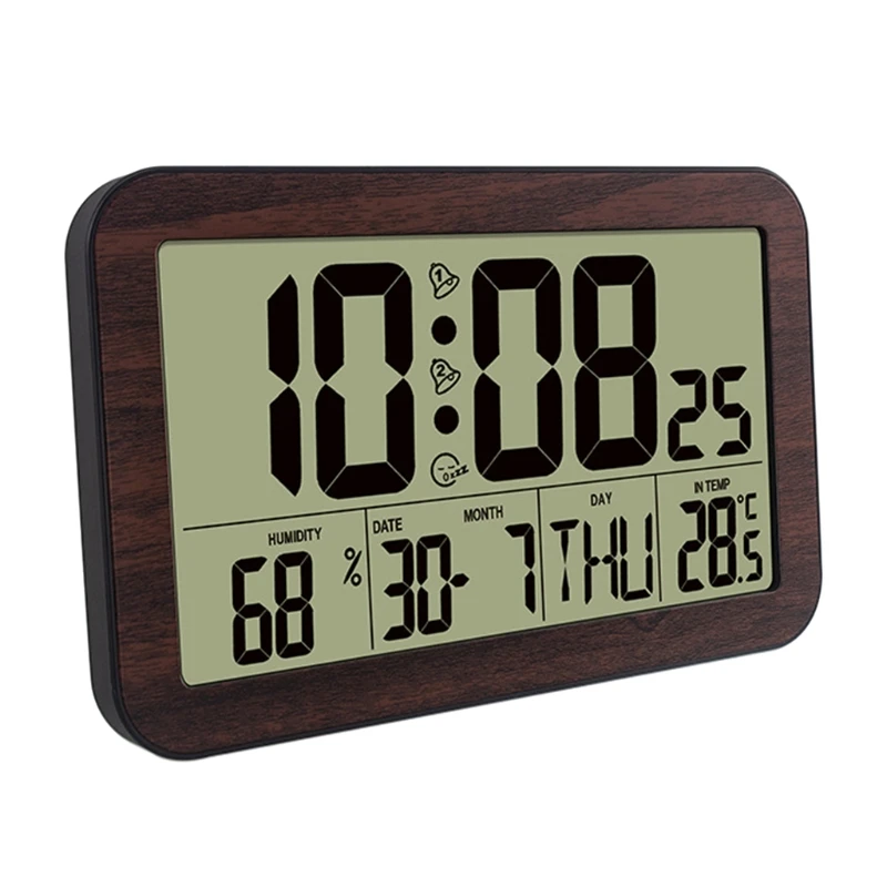

N58C Wall Clock with Large Digits Full Calender Clock Indoor Temperature & Humidity Meter Time Date Week Display Modern Clock