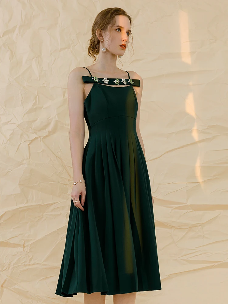 YIGELILA Fashion Women Blackish Green Dress Elegant Spaghetti Strap Solid Dress Empire Slim A-line Dress Knee-length 67541