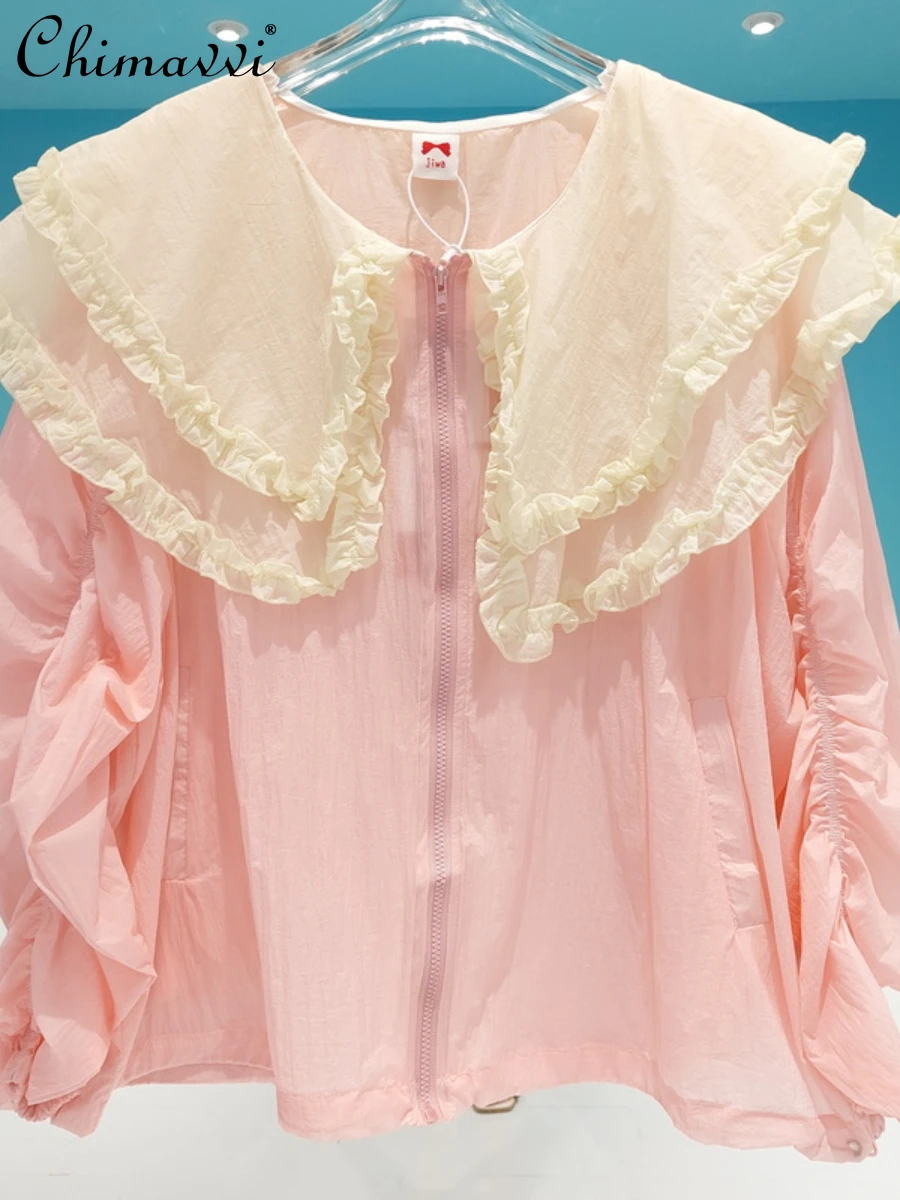 

Korean Style Sweet Ruffled Double Doll Collar Shirts 2022 Summer New Fashion Thin Long Sleeve Zipper Elastic Lower Hem Blouse